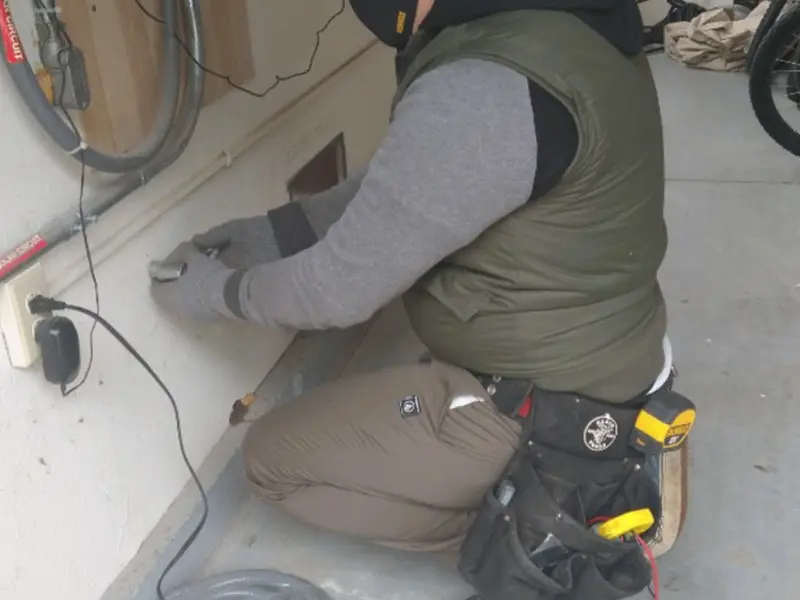 Electrician performing outlet wiring in a Elkins garage